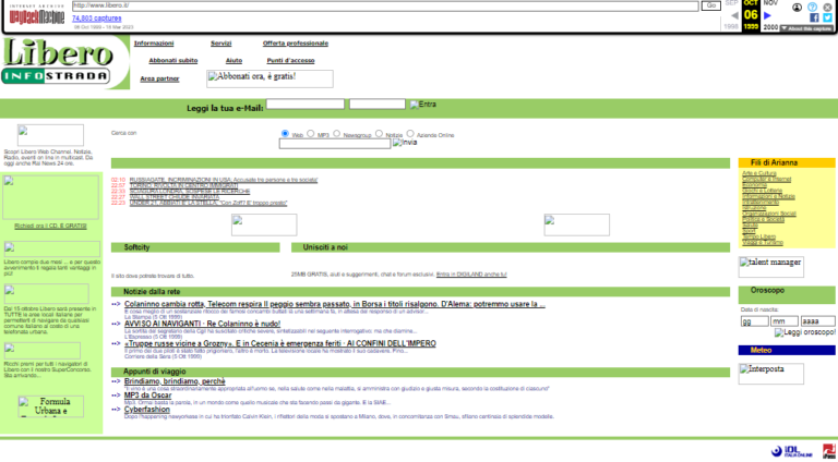 Screenshot del sito web1 di Libero. - www.libero.it - del 6 Ottobre 1999.