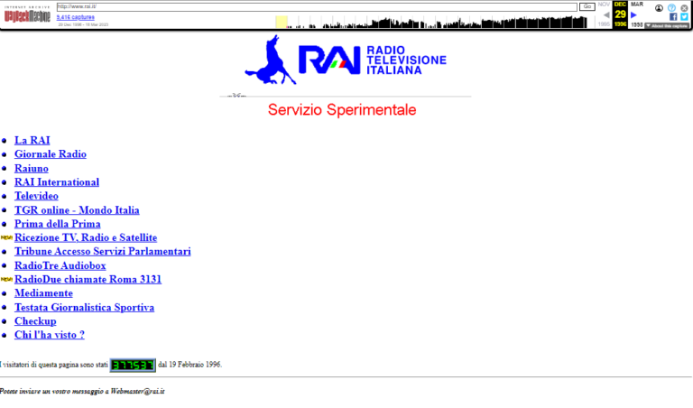 Sreenshot della prima versione del sito web1 della RAI - www.rai.it - del 19 Febbraio 1996