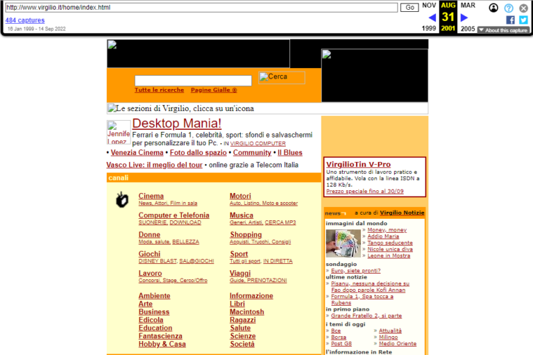 Screenshot del sito web1 di Virgilio - www.virgilio.it - del 31 Agosto 2001.